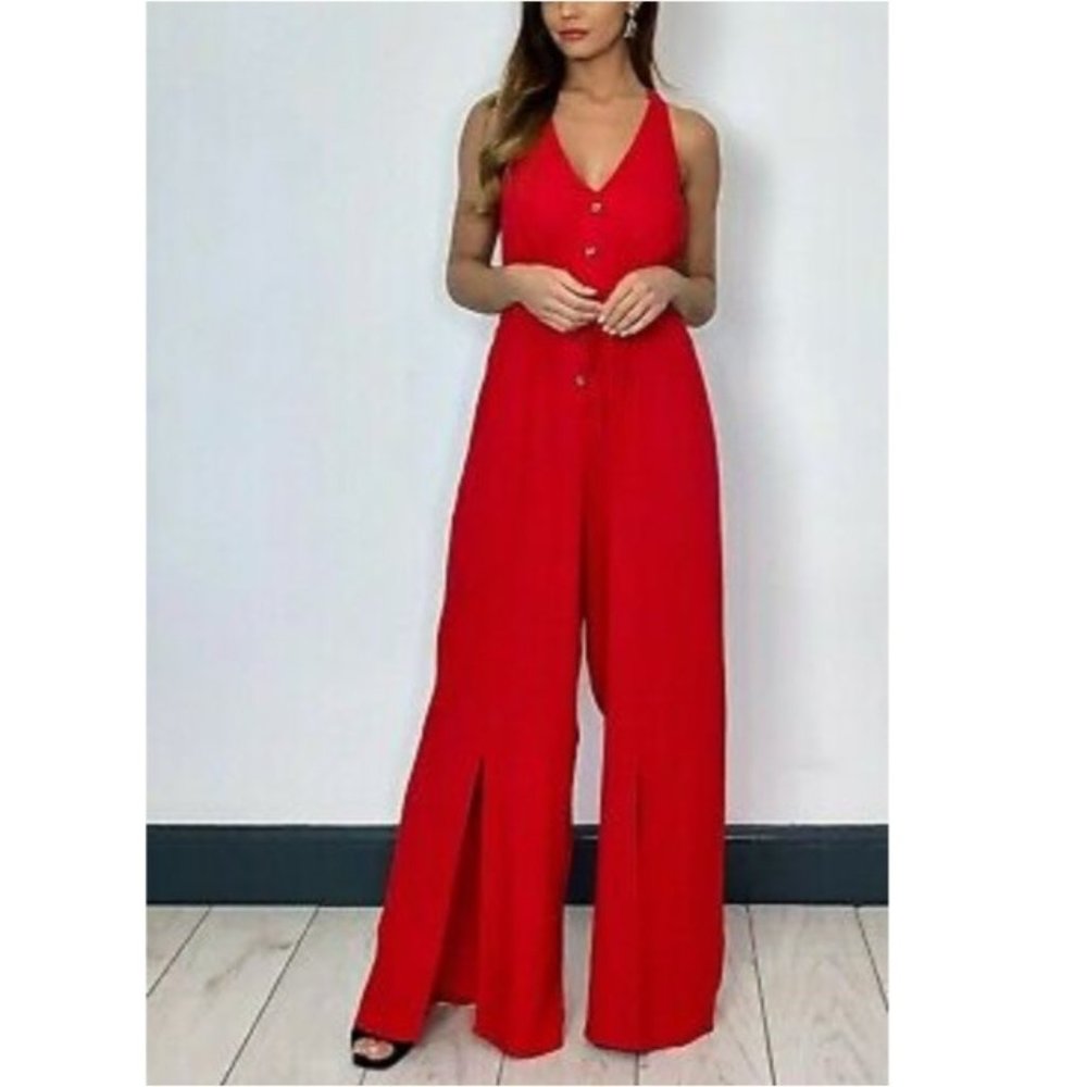 Band of Gypsies Linen Blend Jumpsuit Split Leg Burton Front Red Small NWT